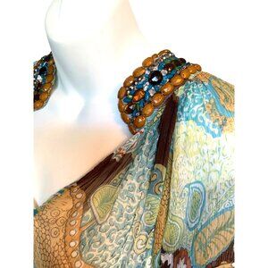 Monique Leshman Beaded Sheer Boho Print Blouse With beaded Neckline & Sleeves Bu